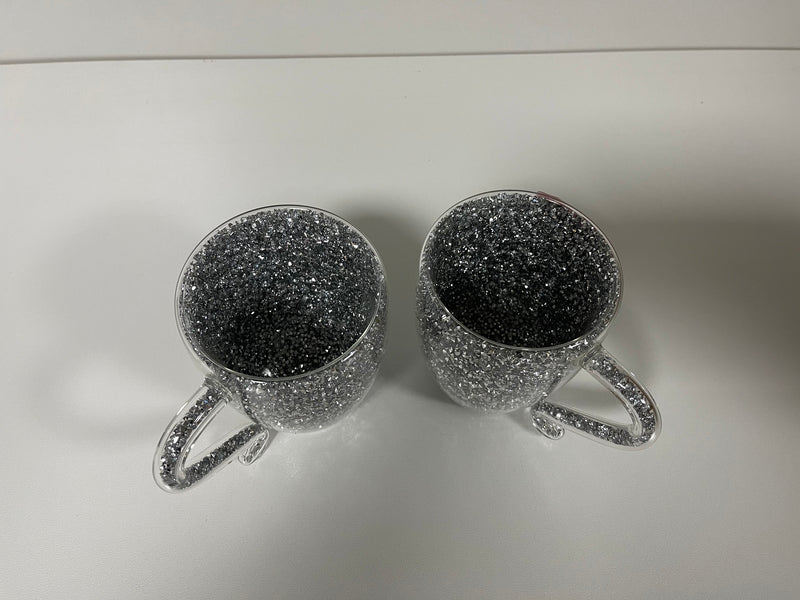 Set of 2 Silver Mirror Crushed Crystal Diamond Tea Coffee Cup Mug Sparkly  Gift